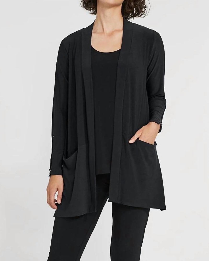 Front of a model wearing a size 14 Zest Zip Back Cardi in Black in Black by Sympli. | dia_product_style_image_id:326832